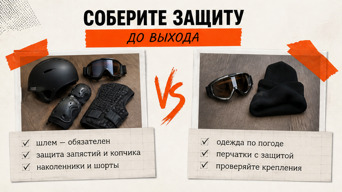 Схема защиты на светлом постере: шлем, запястья, шорты, перчатки