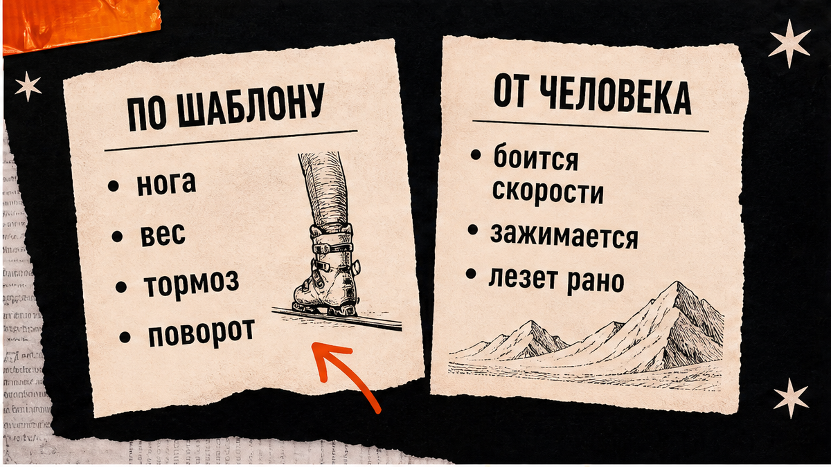 По шаблону: нога, вес, тормоз, поворот. От человека: боится скорости, зажимается, лезет рано