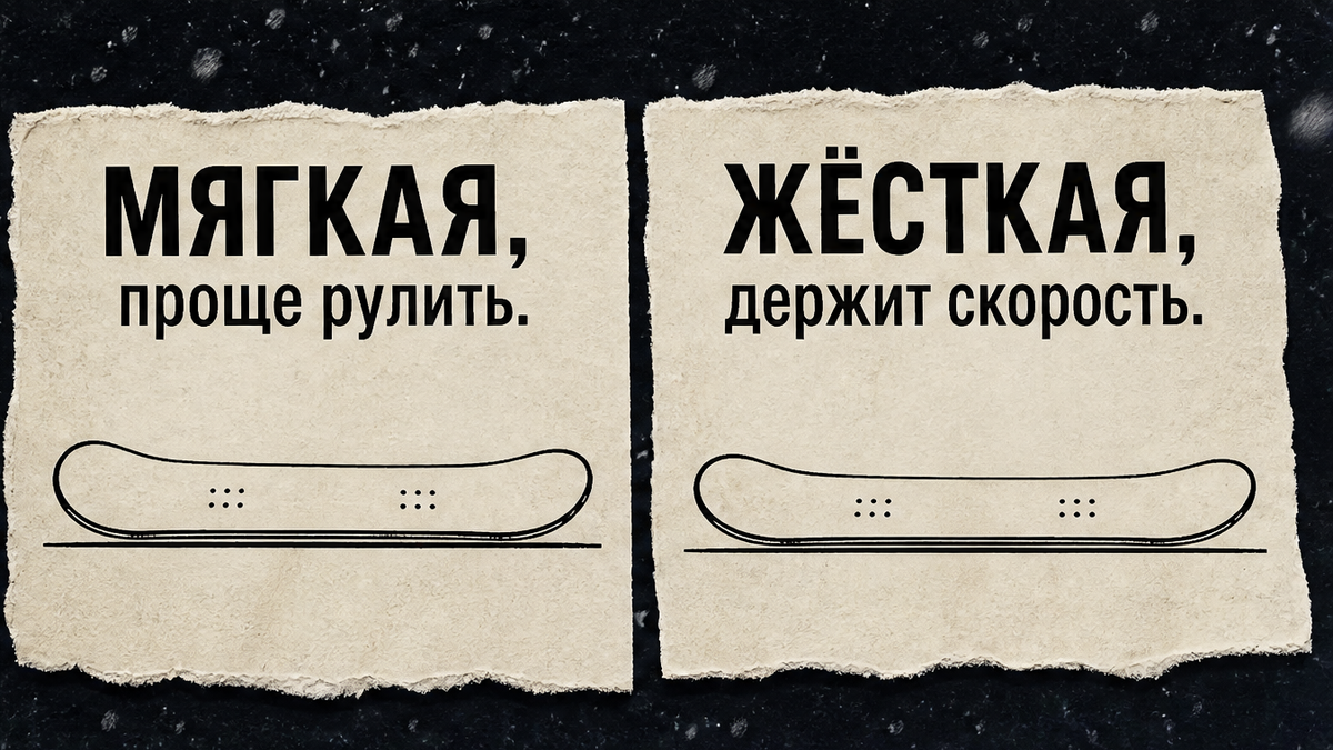Мягкая доска проще рулить, жёсткая держит скорость