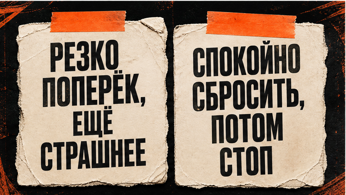 Резко поперёк ещё страшнее, спокойно сбросить потом стоп