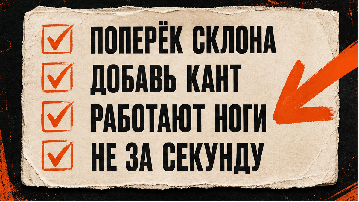 Поперёк склона, добавь кант, работают ноги, не за секунду