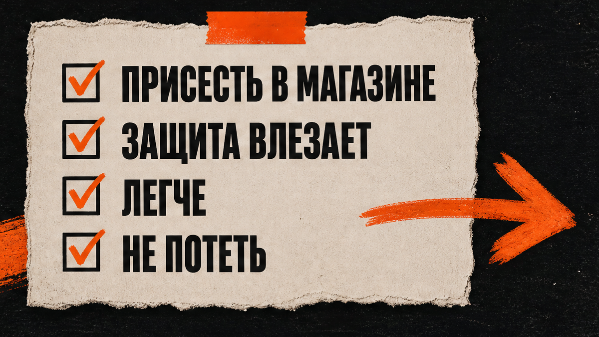 Присесть в магазине, защита влезает, легче, не потеть
