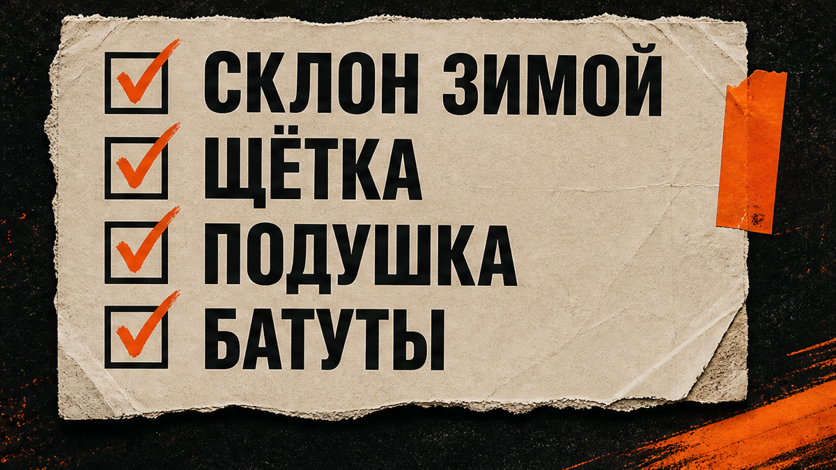 Склон зимой, щётка, подушка, батуты