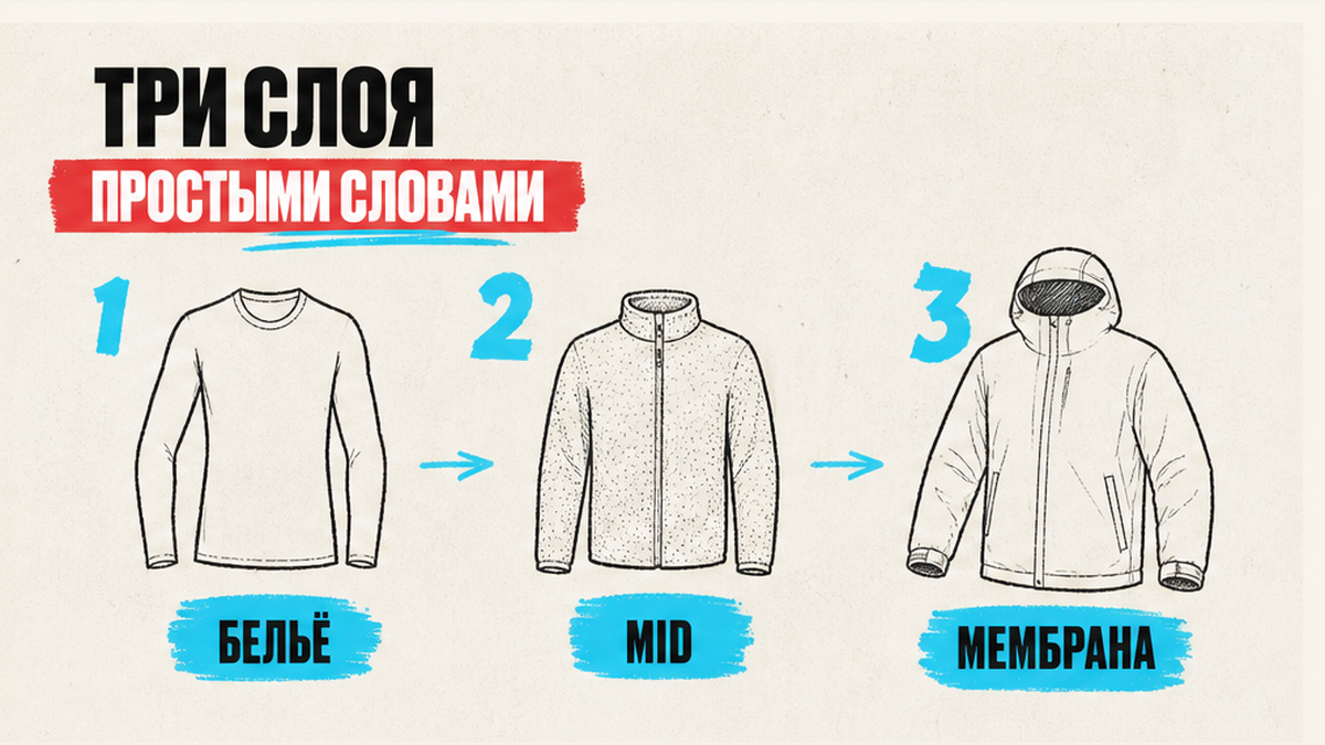 Три слоя одежды на светлом постере: бельё, утепление, мембрана