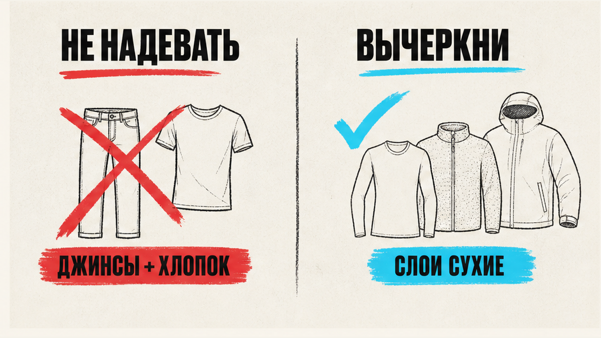 Сравнение на светлом постере: джинсы и хлопок против сухих слоёв