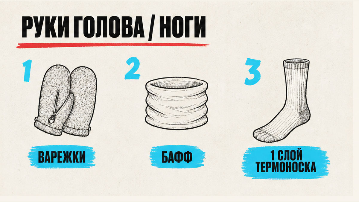 Варежки, баф и термоноски на светлом постере для сноуборда