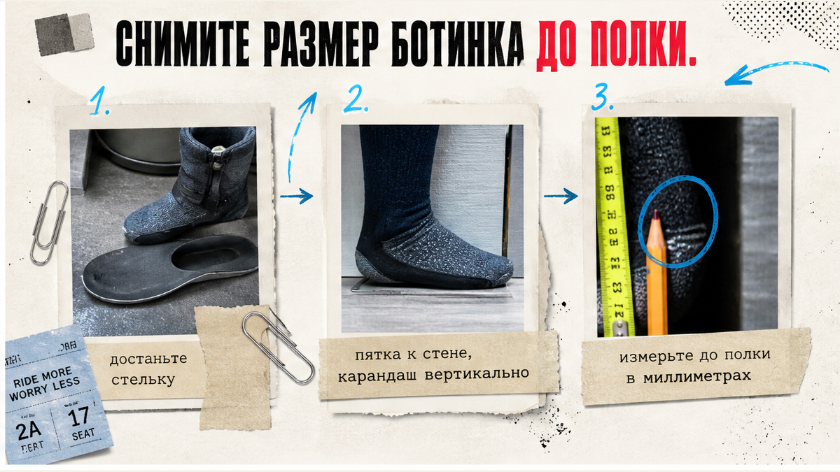 Чеклист на светлом постере: Mondopoint ботинка перед выбором размера креплений
